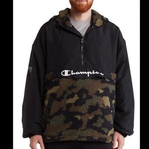 CHAMPION SMALL COZY HIGH PILE FLEECE‎ ANORAK JACKET BLACK/ MESH CAMO CARGO OLIVE